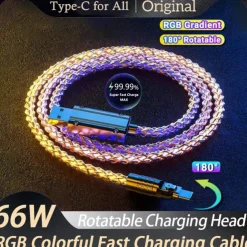 180° Rotatable RGB Lighting Charging Cable 6A 120W Super Fast Charging Cable USB A RGB Gradient Charge Line for Iphone HUAWEI Xiaomi