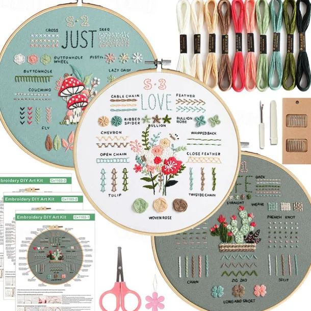 3 Sets Embroidery kit for Beginners AdultsLearn 33 Different Stitches DIY Kits Includes Stamped Flower Pattern Hoop Color ThreadsToolsEasy to Follow