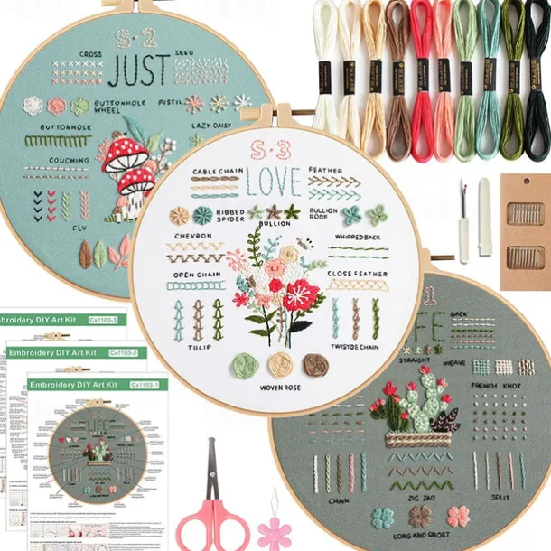 3 Sets Embroidery kit for Beginners AdultsLearn 33 Different Stitches DIY Kits Includes Stamped Flower Pattern Hoop Color ThreadsToolsEasy to Follow