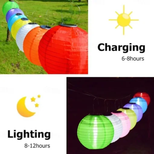 12" Solar Paper Lanterns Powered Lanterns Waterproof Outdoor Nylon Cloth Paper Lantern Lamps Garden Hanging