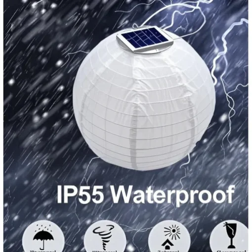 12" Solar Paper Lanterns Powered Lanterns Waterproof Outdoor Nylon Cloth Paper Lantern Lamps Garden Hanging