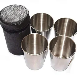 4 Stainless Steel Shot Cups Drinking Vessel with Black Leather Carrying Case (30ml) Outdoor Camping Travel Unbreakable Metal Shooters for Whiskey Tequila Liquor Great Barware Gift