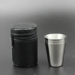 4 Stainless Steel Shot Cups Drinking Vessel with Black Leather Carrying Case (30ml) Outdoor Camping Travel Unbreakable Metal Shooters for Whiskey Tequila Liquor Great Barware Gift