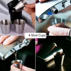 4 Stainless Steel Shot Cups Drinking Vessel with Black Leather Carrying Case (30ml) Outdoor Camping Travel Unbreakable Metal Shooters for Whiskey Tequila Liquor Great Barware Gift