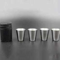 4 Stainless Steel Shot Cups Drinking Vessel with Black Leather Carrying Case (30ml) Outdoor Camping Travel Unbreakable Metal Shooters for Whiskey Tequila Liquor Great Barware Gift