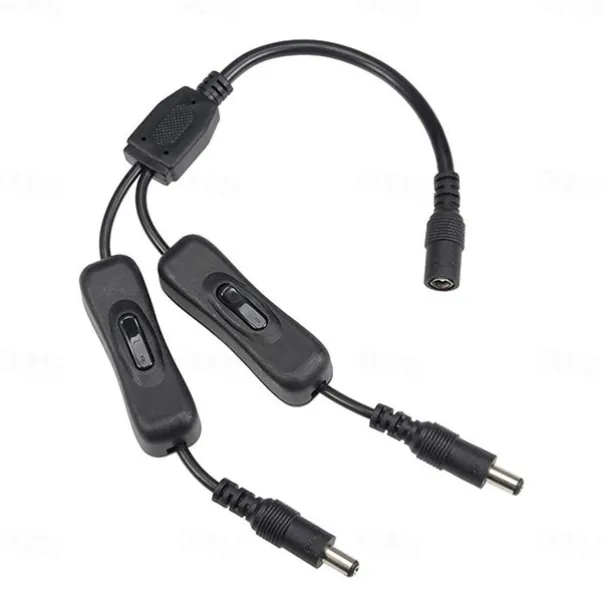 1 to 2 Ports DC 12V Inline Rocker On Off Switch with 5.5 x 2.1mm DC Jack Male to Female Power Cable for LED Strip Light CCTV Camera