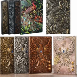 8 Types Embossed Leather Journal Diary Business Notebook Agenda Antique Handmade Relief Notebook Phoenix Immortal Bird Travel Notebook Agenda Book Gift for Friends Size A5 (8.4x5x0.7 Inches)