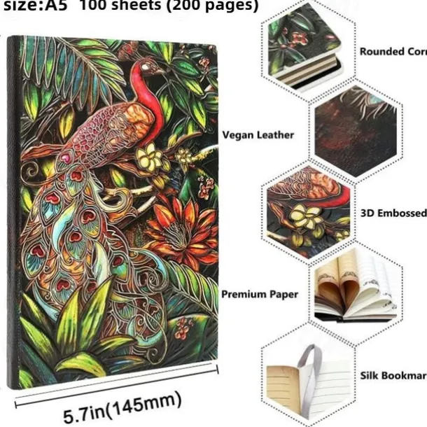 8 Types Embossed Leather Journal Diary Business Notebook Agenda Antique Handmade Relief Notebook Phoenix Immortal Bird Travel Notebook Agenda Book Gift for Friends Size A5 (8.4x5x0.7 Inches)