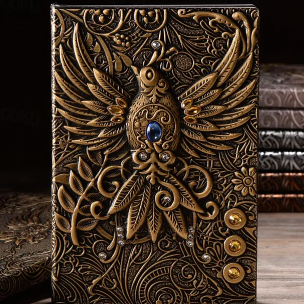 8 Types Embossed Leather Journal Diary Business Notebook Agenda Antique Handmade Relief Notebook Phoenix Immortal Bird Travel Notebook Agenda Book Gift for Friends Size A5 (8.4x5x0.7 Inches)