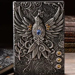 8 Types Embossed Leather Journal Diary Business Notebook Agenda Antique Handmade Relief Notebook Phoenix Immortal Bird Travel Notebook Agenda Book Gift for Friends Size A5 (8.4x5x0.7 Inches)