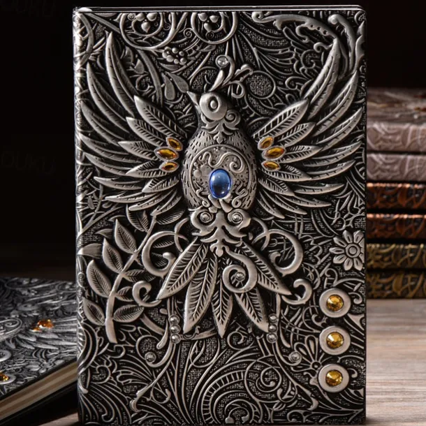 8 Types Embossed Leather Journal Diary Business Notebook Agenda Antique Handmade Relief Notebook Phoenix Immortal Bird Travel Notebook Agenda Book Gift for Friends Size A5 (8.4x5x0.7 Inches)