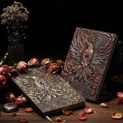 8 Types Embossed Leather Journal Diary Business Notebook Agenda Antique Handmade Relief Notebook Phoenix Immortal Bird Travel Notebook Agenda Book Gift for Friends Size A5 (8.4x5x0.7 Inches)