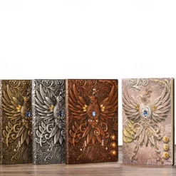 8 Types Embossed Leather Journal Diary Business Notebook Agenda Antique Handmade Relief Notebook Phoenix Immortal Bird Travel Notebook Agenda Book Gift for Friends Size A5 (8.4x5x0.7 Inches)