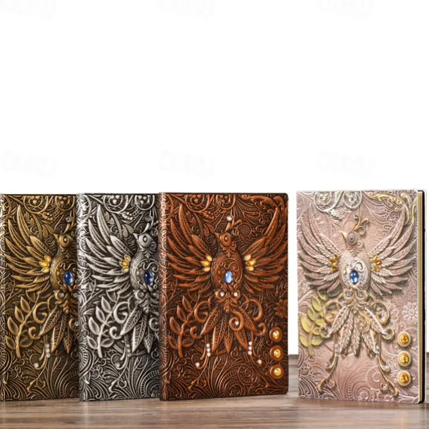 8 Types Embossed Leather Journal Diary Business Notebook Agenda Antique Handmade Relief Notebook Phoenix Immortal Bird Travel Notebook Agenda Book Gift for Friends Size A5 (8.4x5x0.7 Inches)