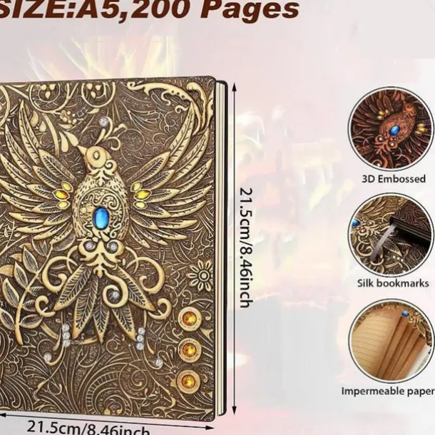 8 Types Embossed Leather Journal Diary Business Notebook Agenda Antique Handmade Relief Notebook Phoenix Immortal Bird Travel Notebook Agenda Book Gift for Friends Size A5 (8.4x5x0.7 Inches)
