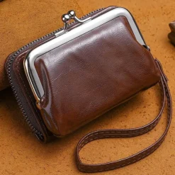 2023 Women New Retro Genuine Leather Rivet Short Wallet Zipper Coin Card Holder Female Coin Clutch Wallets Purse Money Bag