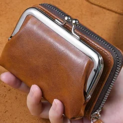2023 Women New Retro Genuine Leather Rivet Short Wallet Zipper Coin Card Holder Female Coin Clutch Wallets Purse Money Bag