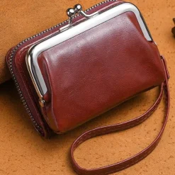 2023 Women New Retro Genuine Leather Rivet Short Wallet Zipper Coin Card Holder Female Coin Clutch Wallets Purse Money Bag