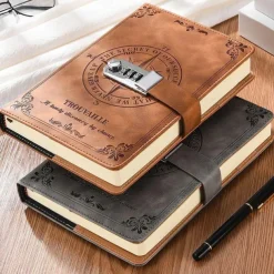 A5 Leather Notebook with Lock, Password Diary Journal for College Students, Retro Handcrafted Thickened Paper, Back to School Gift, Stationery