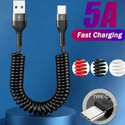 5A Type C Data Cable Spring Telescopic Fast Charging Cord Car USB C Charge Cord for Android Phone Accessories for Xiaomi Samsung