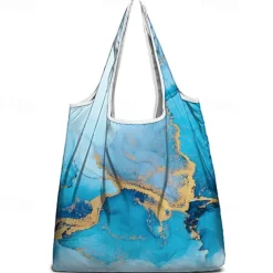 Abstract Blue and Gold Marble Tote Bag for Women – Reusable Eco-Friendly Shopping Bag with Artistic Design, Perfect for Daily Use and Travel