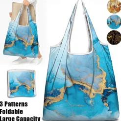 Abstract Blue and Gold Marble Tote Bag for Women – Reusable Eco-Friendly Shopping Bag with Artistic Design, Perfect for Daily Use and Travel