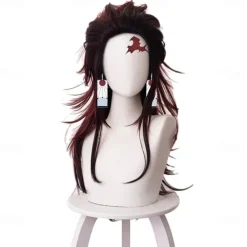Adecors Demon Slayer Tanjiro Cosplay Wig Female Long Kimetsu No Yaiba Wig with Earrings Markings for Anime Cosplay rose