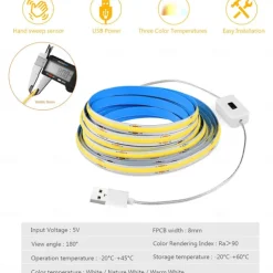 Adjustable Brightness Hand Wave Activation USB COB LED Light Strip 1-2.5m AA Battery Box Manual Scan Sensor LED Tape Light Lighting Suitable for Bedroom Backlit Kitchen Bedroom Mirror Wardrobe Display