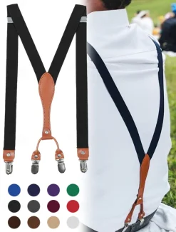 Adjustable Elastic Suspenders with Faux Leather Accents and Metal Clips – Classic Y-Back Design for Men, Perfect for Formal Events, Weddings, and Daily Wear