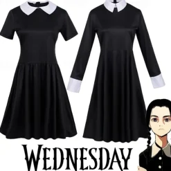 Adults' Wednesday Addams Dress Addams Family Women's Goth Gothic Flare Dress Movie Cosplay Costume Party Little Black Dress Masquerade with Wednesday Addams Wig Cute Natural Soft Hair Wig Cap Braids