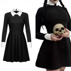 Adults' Wednesday Addams Dress Addams Family Women's Goth Gothic Flare Dress Movie Cosplay Costume Party Little Black Dress Masquerade with Wednesday Addams Wig Cute Natural Soft Hair Wig Cap Braids