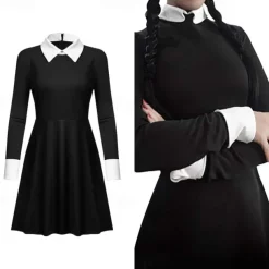 Adults' Wednesday Addams Dress Addams Family Women's Goth Gothic Flare Dress Movie Cosplay Costume Party Little Black Dress Masquerade with Wednesday Addams Wig Cute Natural Soft Hair Wig Cap Braids