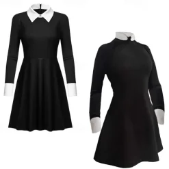 Adults' Wednesday Addams Dress Addams Family Women's Goth Gothic Flare Dress Movie Cosplay Costume Party Little Black Dress Masquerade with Wednesday Addams Wig Cute Natural Soft Hair Wig Cap Braids