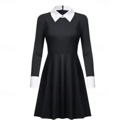 Adults' Wednesday Addams Dress Addams Family Women's Goth Gothic Flare Dress Movie Cosplay Costume Party Little Black Dress Masquerade with Wednesday Addams Wig Cute Natural Soft Hair Wig Cap Braids