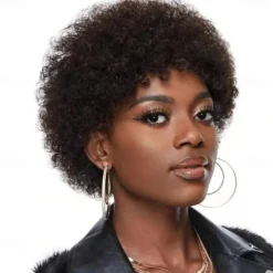 Afro Kinky Curly Bangs Wig For Women Afro Pixie Cut Short Human Hair Wig Soft Curly Afro Wig Natural Looking For Daily Use
