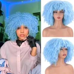 Afro Kinky Curly Wig with Bangs 12 Inches Synthetic Full Wigs Heat Resistant Short Kinky Curly Wigs for Daily Party Halloween Wigs