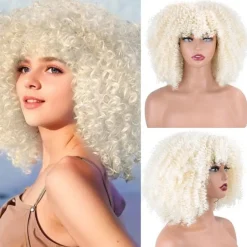 Afro Kinky Curly Wig with Bangs 12 Inches Synthetic Full Wigs Heat Resistant Short Kinky Curly Wigs for Daily Party Halloween Wigs