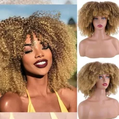 Afro Kinky Curly Wig with Bangs 12 Inches Synthetic Full Wigs Heat Resistant Short Kinky Curly Wigs for Daily Party Halloween Wigs