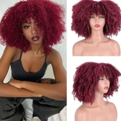 Afro Kinky Curly Wig with Bangs 12 Inches Synthetic Full Wigs Heat Resistant Short Kinky Curly Wigs for Daily Party Halloween Wigs
