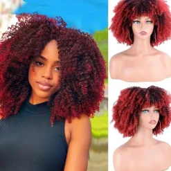 Afro Kinky Curly Wig with Bangs 12 Inches Synthetic Full Wigs Heat Resistant Short Kinky Curly Wigs for Daily Party Halloween Wigs