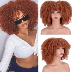 Afro Kinky Curly Wig with Bangs 12 Inches Synthetic Full Wigs Heat Resistant Short Kinky Curly Wigs for Daily Party Halloween Wigs