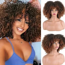 Afro Kinky Curly Wig with Bangs 12 Inches Synthetic Full Wigs Heat Resistant Short Kinky Curly Wigs for Daily Party Halloween Wigs