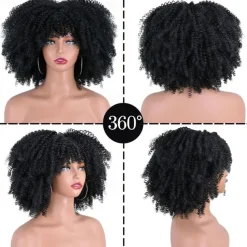 Afro Kinky Curly Wig with Bangs 12 Inches Synthetic Full Wigs Heat Resistant Short Kinky Curly Wigs for Daily Party Halloween Wigs