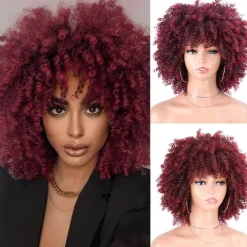 Afro Kinky Curly Wig with Bangs 12 Inches Synthetic Full Wigs Heat Resistant Short Kinky Curly Wigs for Daily Party Halloween Wigs