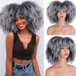 Afro Kinky Curly Wig with Bangs 12 Inches Synthetic Full Wigs Heat Resistant Short Kinky Curly Wigs for Daily Party Halloween Wigs