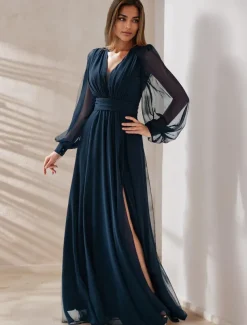 A-Line Mother of the Bride Elegant Party V Neck Floor Length Chiffon Corded Lace Long Sleeve Wrap Included with Ruching