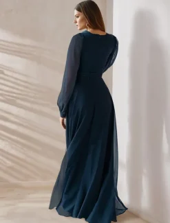 A-Line Mother of the Bride Elegant Party V Neck Floor Length Chiffon Corded Lace Long Sleeve Wrap Included with Ruching