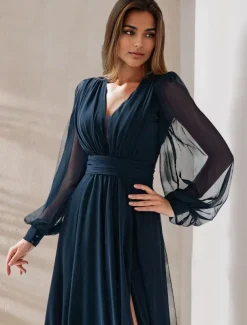 A-Line Mother of the Bride Elegant Party V Neck Floor Length Chiffon Corded Lace Long Sleeve Wrap Included with Ruching