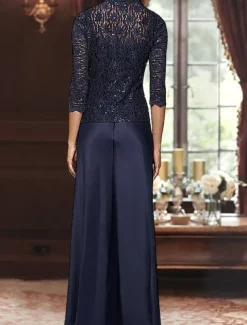 A-Line 3 Piece Mother of the Bride Dress Formal Wedding Guest Elegant Simple Luxurious Square Neck Floor Length Satin Lace 3/4 Length Sleeve with Lace Sequin