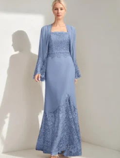 A-Line 3 Piece Mother of the Bride Dress Elegant Simple Casual Square Neck Floor Length Chiffon Sleeveless Long Sleeve Lace with Jacket